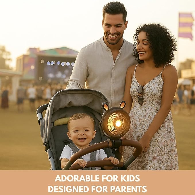 Stroller Fan for Baby with LED Light – Portable Clip-On Fan with Flexible Tripod Legs, USB Rechargeable, 3 Speeds, 120 Minutes Battery Life, Quiet Cooling for Travel, Nursery & Car Seat