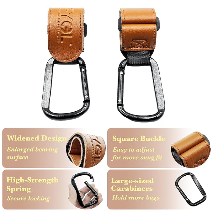 Stroller-Hooks - Adjustable Stroller Carabiner Clips, Universal Stroller Clips and Hooks for Parents and Travelers - Ideal Stroller Accessories for Shopping, Travel, and Baby Gear - Brown, 2 Pack