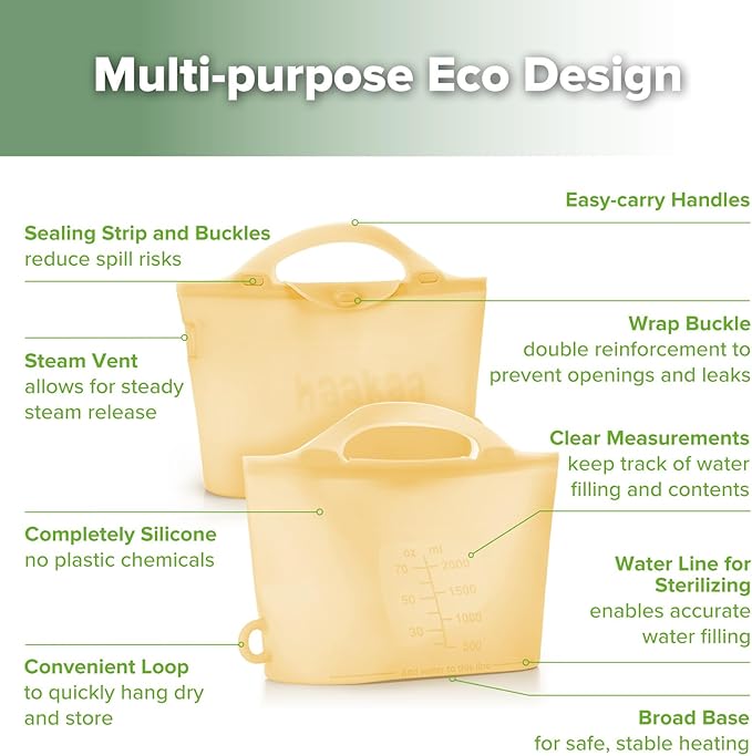 Haakaa Silicone Microwave Steamer & Steriliser Bag,70oz/2000ml Large Capacity Reusable Steaming Bags for Baby Bottles,Breast Pump/Accessories/Pacifiers/Teethers,Great for Home&On-The-Go,Pineapple/2PCS