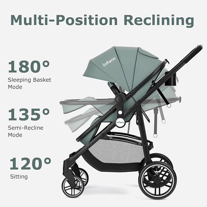 INFANS 2 in 1 Baby Stroller, High Landscape Infant Stroller & Reversible Bassinet Pram, Foldable Pushchair with Adjustable Canopy, Cup Holder, Storage Basket, Suspension Wheels (Green)