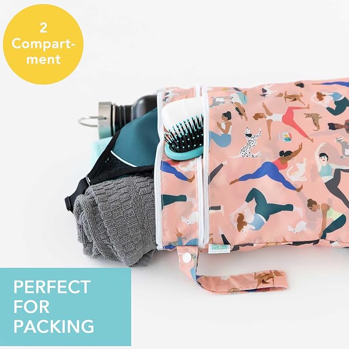 Bumkins Waterproof Wet Dry Bag for Baby, Travel, Swim Suit, Cloth Diapers, Pump Parts, Pool, Beach, Gym Clothes, Toiletry, Hook to Stroller, Daycare, Zipper Reusable Wetdry Packing Pouch, Yoga Pals