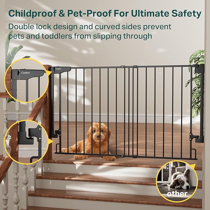 Cumbor Expandable 31.6-48" Baby Gate for Stairs, Wall-Mounted, 2-in-1 No Bottom Bar Dog Gate Indoor, Pet Gate for Doorways with Large Walk Thru Door, Child-Proof Safety Gate for Kids (Black)