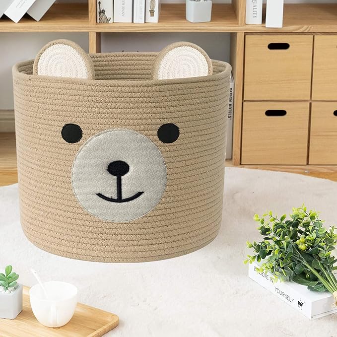 Bear Laundry Baskets Laundry Hamper Storage Baskets with Handles,Decorative Basket for Living room,Woven Storage Basket for Toys Bin Pillows Blankets Clothes (Khaki - Version 2)
