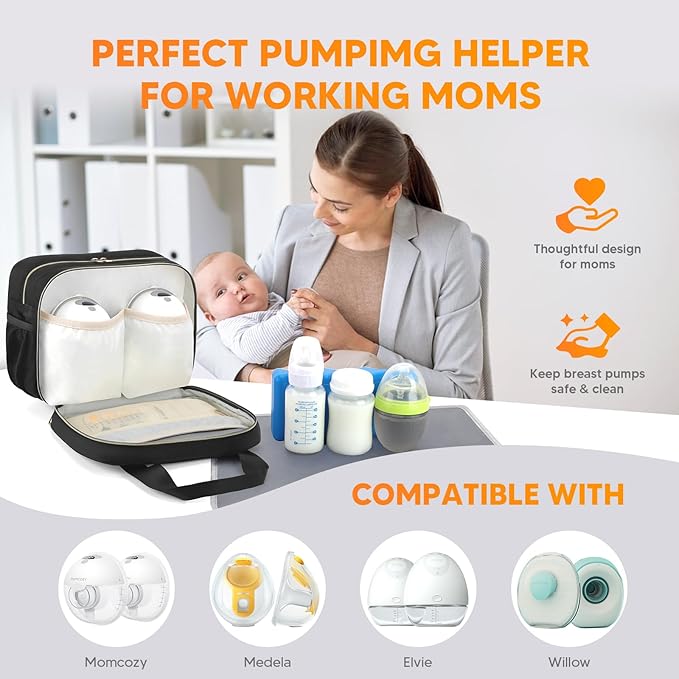 PIIOSER Breastmilk Cooler Bag with Ice Pack, Compatible with Wearable Breast Pumps & Accessories - Portable Pumps Carrying Case for Nursing & Working Moms, Black