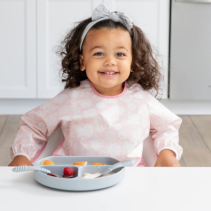 Bumkins - Sleeved Bib - For Boys & Girls, Babies & Toddlers 6-24 Months - Lightweight, Durable, Waterproof - Long Sleeve Bib - Catch-All Pocket - Wipeable & Machine Washable - Floral & Lace - 2 Pack