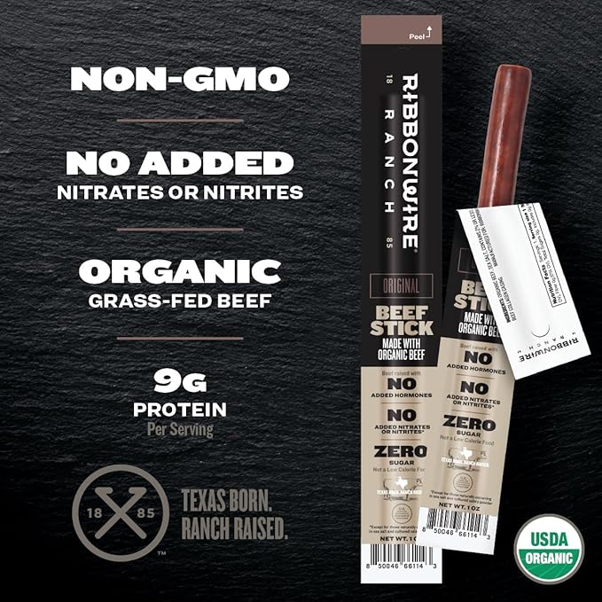 Ribbonwire Ranch Beef Sticks, Made with Organic Beef, Pasture Raised, High Protein Snack, Healthy, Low Carb, Keto Friendly, Gluten Free, Nitrate Free, On the Go, 1 Oz Sticks, Original Flavor, 24 Pack