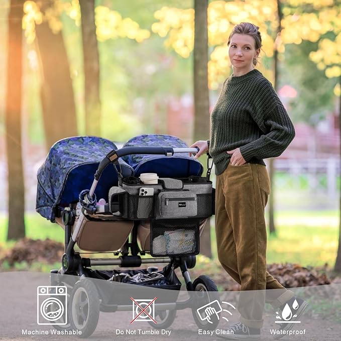 TOPDesign Universal Baby Stroller Organizer, Double Stroller Caddy with Detachable Mesh Bag & Heightened Insulated Cup Holders & Non-Slip Secure Hooks Accessories, Fits Most Strollers (Grey)