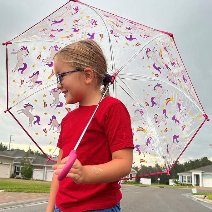 totes Kids Clear Bubble Umbrella with Dome Canopy, Lightweight Design, Wind and Rain Protection Umbrella, Pink Unicorn, Kids - 38" Canopy