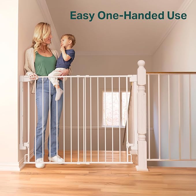 Cumbor 34" Extra Tall No Bottom Bar Baby Gate for Stairs, Wall Mounted Dog Gate Indoor for Larger Pets, Expandable 29.2-43" Safety Gate for Doorways, Wide Walk Thru Door for Easy Access (White)