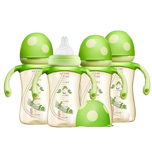 YOHKOH Natural PPSU Baby Bottle with Natural Response Nipple, Newborn Anti-Colic Baby Bottles with Handle, Wide Neck Mushroom Cap Baby Bottle (8.8oz (Pack of 4), Green1)