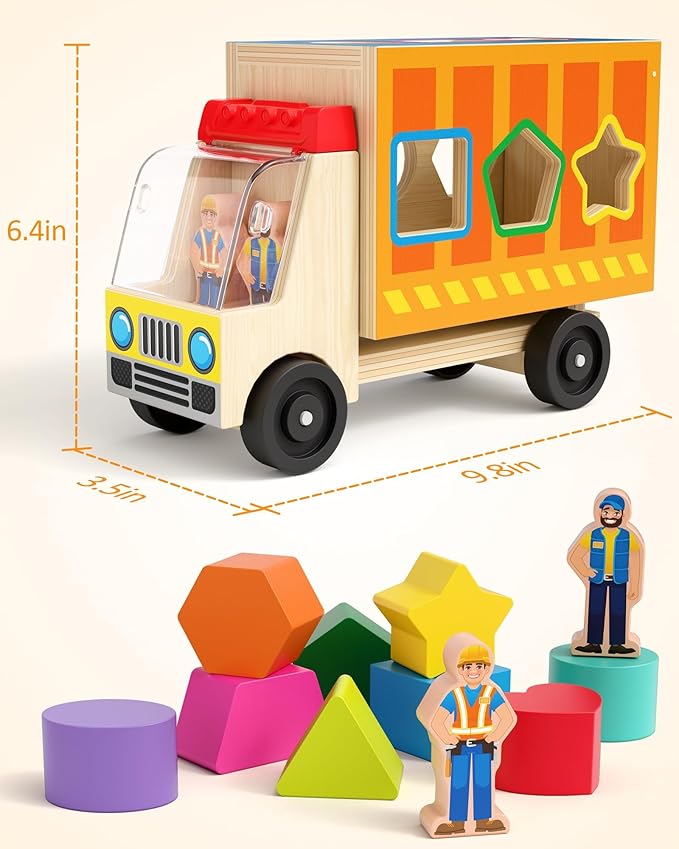 Coogam Montessori Sorting Toys for Toddles, Wooden Color Shape Sorter Truck Toy with 2 Play Figures - Fine Motor Educational Learning Gift Toy for Kids 2 3 4 Year Old