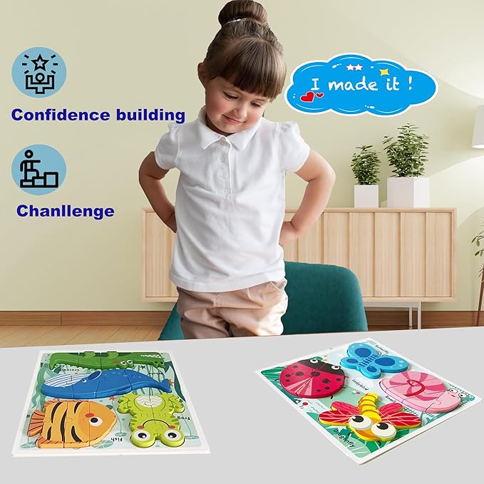 Wooden Creature Puzzles for Toddlers 2-4,Toddler Jigsaw Puzzle Ages 1-3, Montessori Educational Toys for 2 3 Years Old, Wood Learning Gifts for Preschool Kids Boys Girls