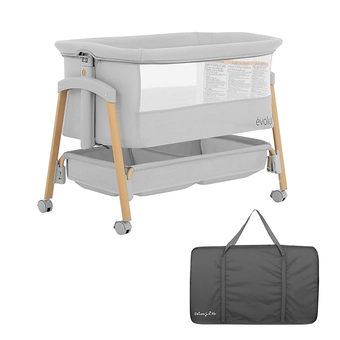 Evolur Lullaby Portable Bassinet with Wheels | Adjustable Bedside Sleeper, Breathable Mesh Sides, Large Storage Basket, Easy Fold, and Travel Bag Included | Perfect for Newborns & Infants