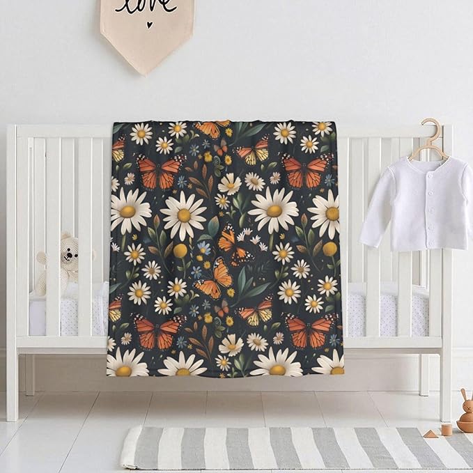 Baby Blanket Daisy Butterfly Vintage for Boy Girl Newborn 30x40 Inch Toddler Infant Nursery Throw Blankets Double Layer Comfy Soft Plush Stroller Crib Quilt