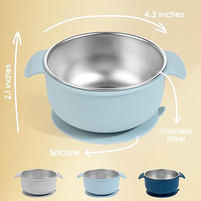 Bella's Friends Stainless Steel and Silicone Baby Bowls with Suction 3 Pack, 4.3” for Toddlers Kids Feeding, Non-Slip, Non-Toxic, Mess-Free, Dishwasher Safe, Fit High Chair Size, blue dark blue gray