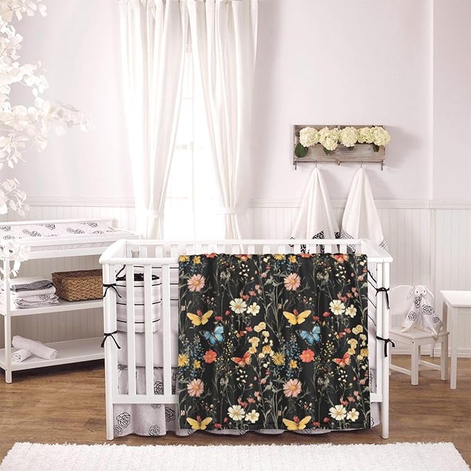 Baby Blanket Wildflower Botanical Butterfly Flower for Boy Girl Newborn 30x40 Inch Toddler Infant Nursery Throw Blankets Double Layer Comfy Soft Plush Stroller Crib Quilt
