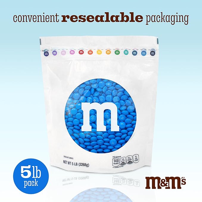 M&M’S WORLD Blue Candy Bulk - Milk Chocolate Candy, 5 lbs Resealable Pack for Graduation, Wedding, 4th of July, Birthdays, Party Favors, Boy Baby Showers, Gender Reveal Ideas, Easter and more