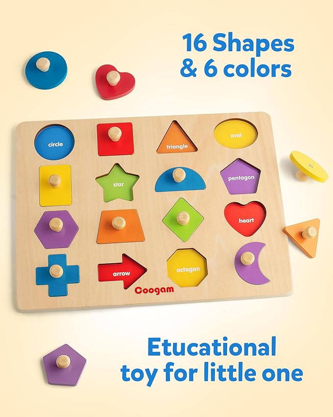 Coogam Montessori Toy Wooden Shape Peg Puzzle, Fine Motor Color Matching Sorting Board, Early Learning Educational Activity Toy Gift for Preschool Toddler Baby 3 4 5 Year Old