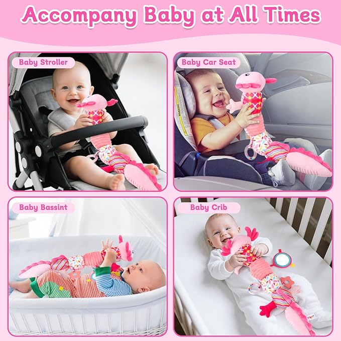 Baby Girls Toys 0-6 Months,Infant Sensory Caterpillar Pink Axolotl Baby Musical Rattles Tummy Time Toys for 0 3 6 9 12 Months Stuffed Plush with Crinkle, Mirror,Teether for Newborn Shower Gifts