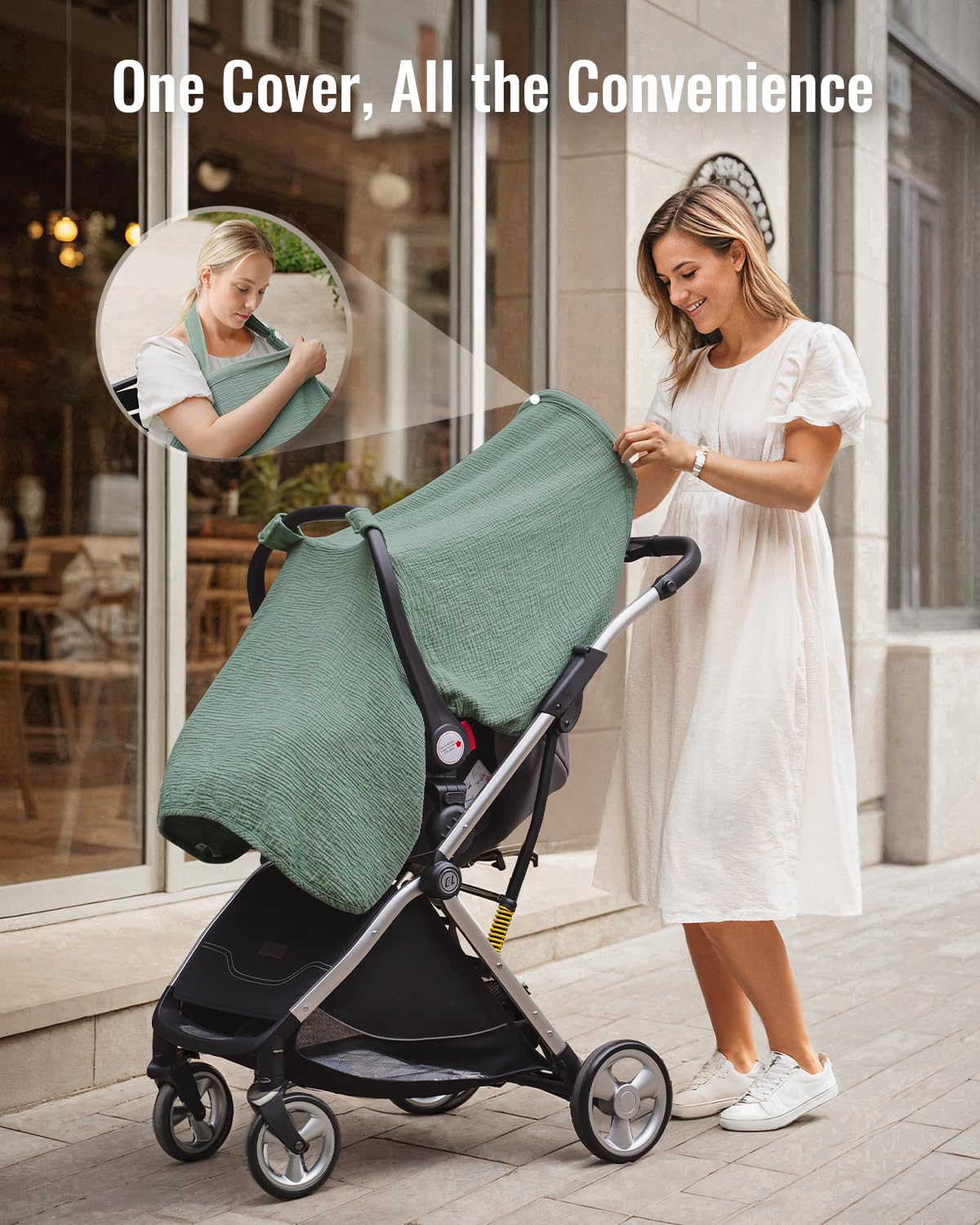 Blissful Diary Baby Car Seat Cover, Extra Large Mesh Window, Breathable Muslin Cotton, Infant Windproof Canopy, Must-Have Baby Gift - Roman Green