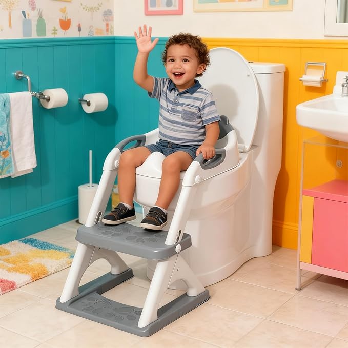 Potty Training Seat, SKYROKU Upgrade Toddler Toilet Seat for Kids Boys Girls, 2 in 1 Potty Training Toilet, Splash Guard Anti-Slip Pad Step Stool,New Sector-Shape Stabilized Base and heavier (Grey)