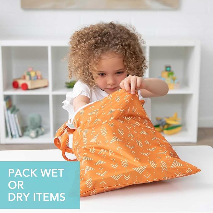 Bumkins Waterproof Wet Dry Bag for Baby, Travel, Swim Suit, Cloth Diapers, Pump Parts, Pool, Beach, Gym Clothes, Toiletry, Hook to Stroller, Daycare, Zipper Reusable Wetdry Packing Pouch, Boho Orange
