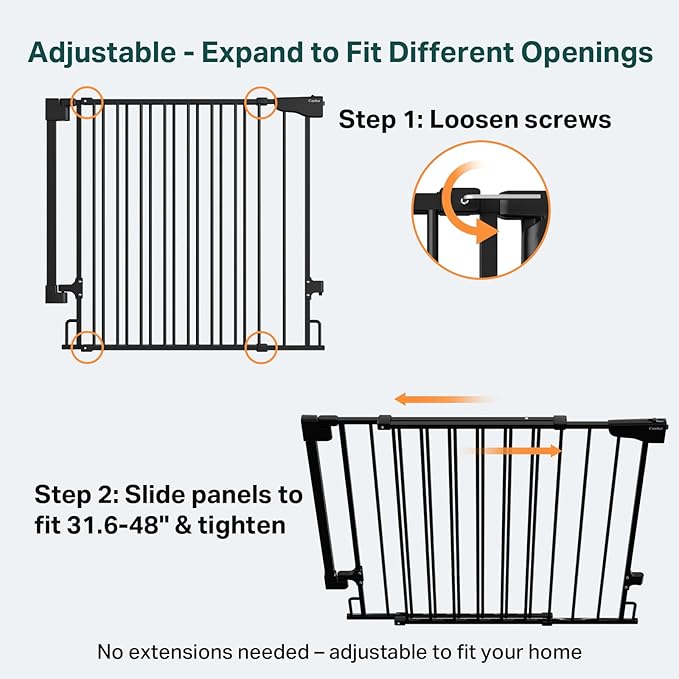 Cumbor Expandable 31.6-48" Baby Gate for Stairs, Wall-Mounted, 2-in-1 No Bottom Bar Dog Gate Indoor, Pet Gate for Doorways with Large Walk Thru Door, Child-Proof Safety Gate for Kids (Black)