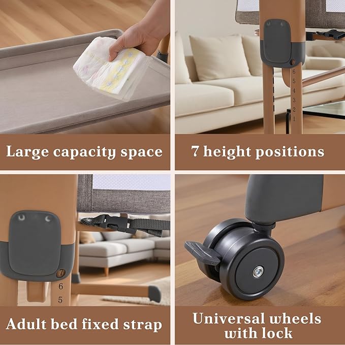 3 in 1 Baby Bassinet, Rocking Bassinets with Comfy Mattress and Wheels, Adjustable Height Bassinet Bedside Sleeper, Easy Folding Portable Crib for Newborn (Khaki)