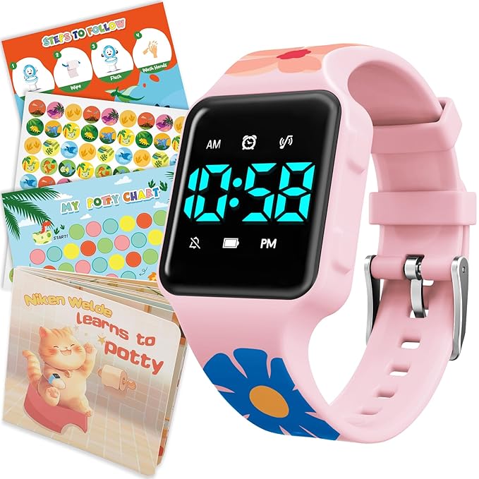 Toddler Potty Training Set – Potty Training Watch with Musical/Vibration Countdown Alerts, Fun Board Book, Progress Chart & Reward Stickers – Interactive Potty Training Kit for Kids Ages 2-6