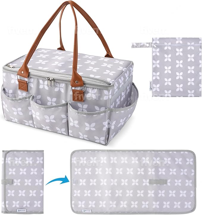 Moteph Diaper Caddy Organizer - Baby Caddy with Lid & Changing Mat, Car Diaper Caddy, Large Nursery Storage Diaper Tote Basket for Changing Table with Zip-Top Cover, Great for Baby Showers - Grey