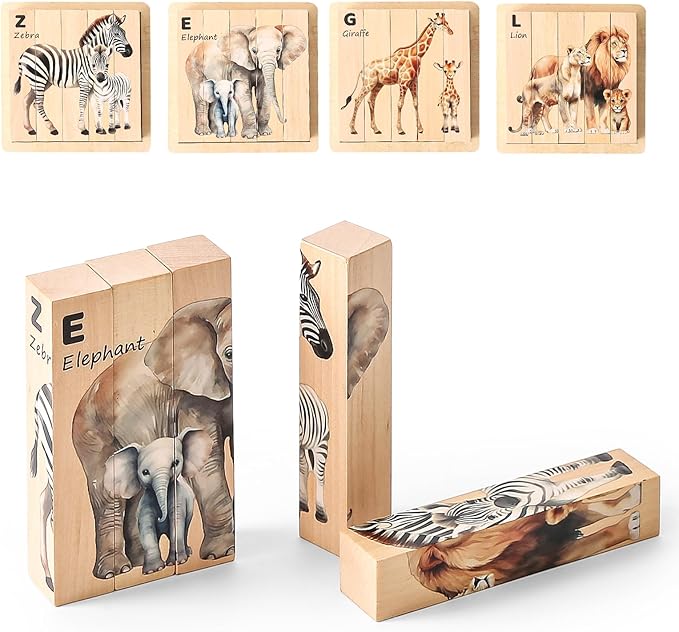 Wooden Safari Animals Learning Puzzle Set, 4-in-1 Block Puzzles for Toddlers 18 Months+, Educational Montessori Toys with Storage Tray