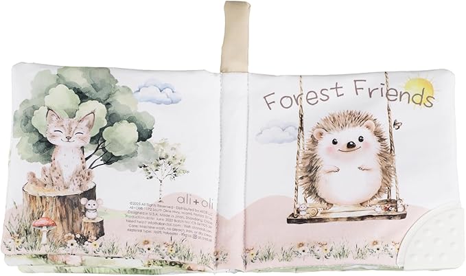 Ali+Oli Baby Cloth Book – Soft Sensory Crinkle Book with Teether for Infants 0-12 Months – Early Learning Touch & Feel Tummy Time Toy – Newborn Shower Gift for Boys & Girls - Forest Friends