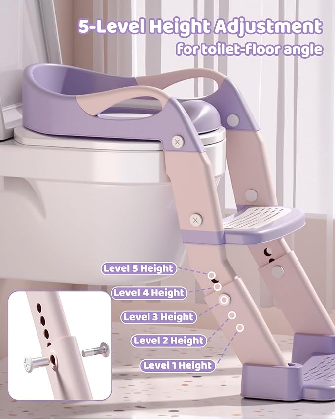 3-in-1 Potty Training Seat & Training Toilet & Potty Chair, Height Adjustable Toddler Toilet Seat for Kids Boys Girls, Foldable Potty Training Toilet with Splash Guard and Anti-Slip Steps