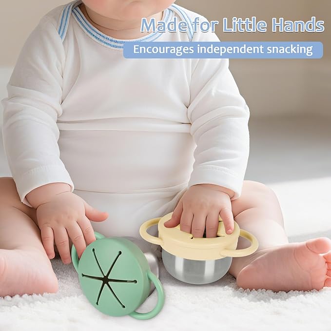 2 Pack 304 Stainless Steel Snack Cups for Toddlers, Toddler Snack Containers with Spill-Proof Silicone Travel Lid & Handle, Dishwasher Safe, Removable Snack Cup for Baby, Toddler, Kids