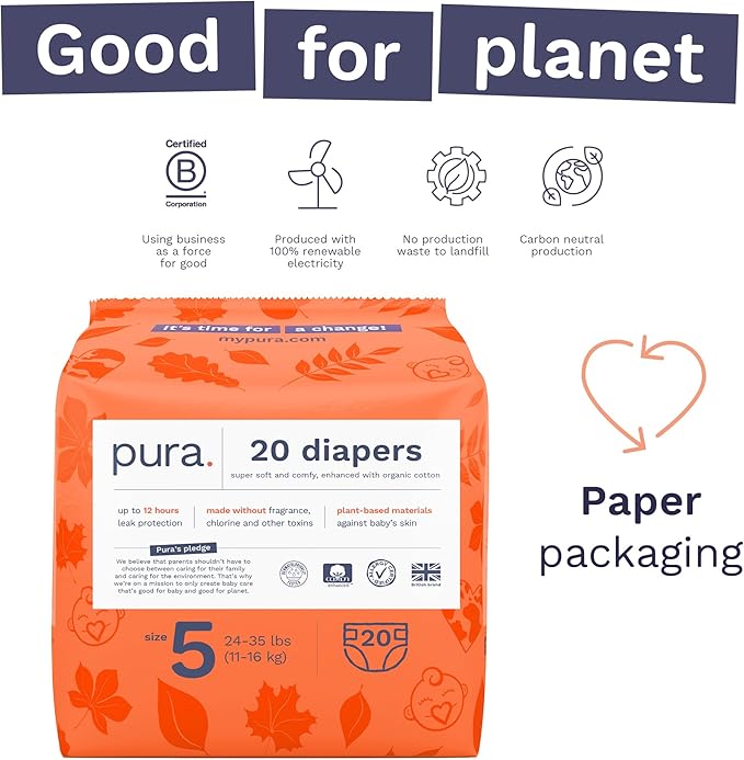 Pura Size 5 Eco-Friendly Diapers (24-35 lbs) Totally Chlorine Free (TCF) Hypoallergenic, Soft Organic Cotton, up to 12 Hours Leak Protection, Allergy UK, 3 Packs of 20 (60 Diapers)