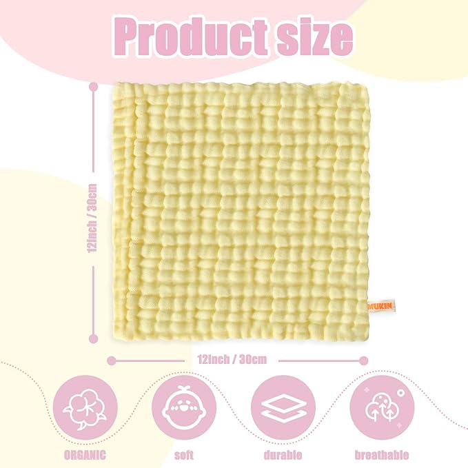 MUKIN Baby Washcloths - Natural Cotton Baby Wipes - Soft Newborn Baby Face Towel for Sensitive Skin- Baby Registry as Shower, 10 Pack 12x12 inches (Pink,Yellow,White)