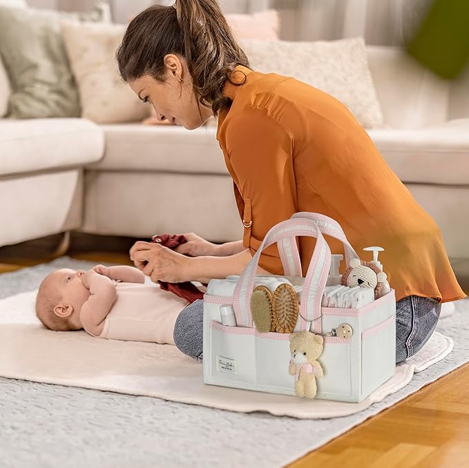 PeraBella Diaper Caddy Organizer with Handle, Baby Shower Gifts Basket Bag, Registry Search Must Haves Items, Nursery Storage Organizer for Newborn Girl Boy, Baby Bag Essentials, Car Diaper Caddy Cart