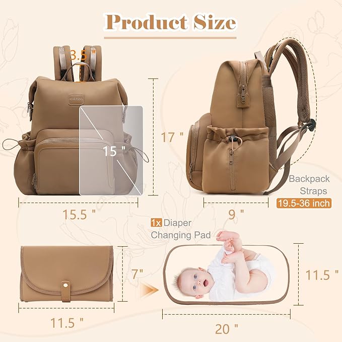 miss fong Diaper Bag Backpack - Baby Diaper Bag Neoprene Bag Large Capacity Neoprene Backpack with Diaper Changing Pad Travel Diaper Backpack Baby Backpack with 12 Pockets for Mom & Dad -Brown