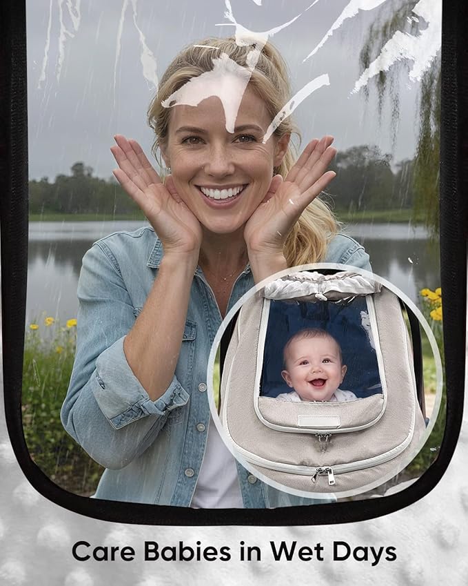 Waterproof Car Seat Cover for Baby, 2-Layer Car Seat Rain Cover with Clear Window & Sunshade & Mesh Cover, Universal Infant Carseat Canopy for Stroller, Protect from Rain and Snow - Beige
