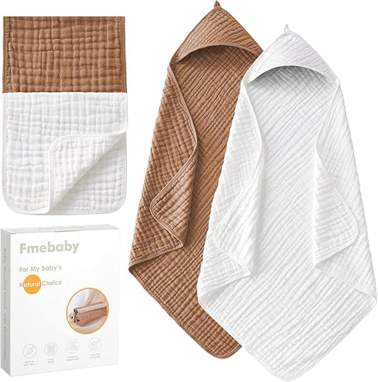 Hooded Baby Towels for Newborn, 2 Pack 36x36 Inch Muslin Cotton Baby Bath Towel and 12x12 Inch Washcloth Set with Hood for Babies, Toddler and Kids, Essentials Must Haves (White and Coffee)