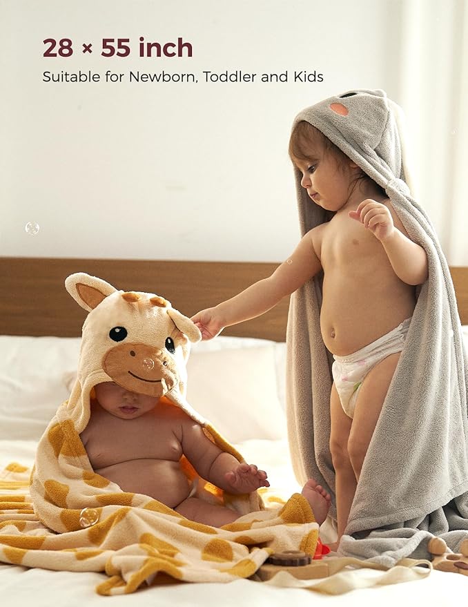 Momcozy Baby Bath Towels with Hooded -Visualize Health Label -Soft & Absorbent Coral Fleece Towel for Comfort & Warm - Bath Essential or Shower Gift for Newborn, Infant,Toddler (Large, 28 x 55 Inch)