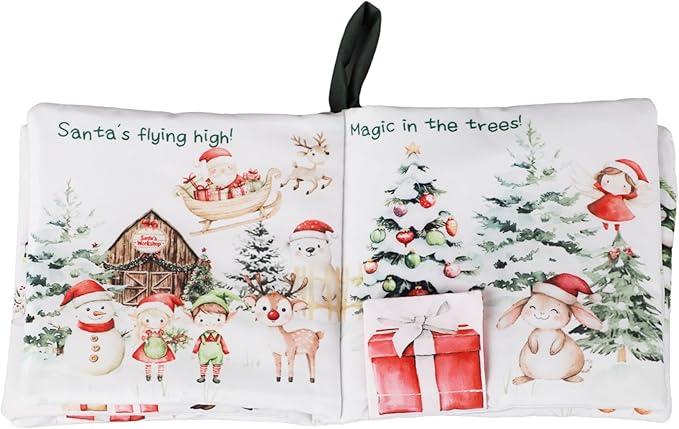 Ali+Oli Baby Cloth Book – Soft Sensory Crinkle Book with Teether for Infants 0-12 Months – Early Learning Touch & Feel Tummy Time Toy – Newborn Shower Gift for Boys & Girls - Christmas Friends