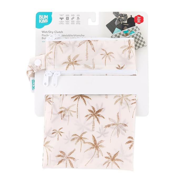 Bumkins Waterproof Wet Dry Clutch Bag for Baby, Travel, Swim Suit, Cloth Diapers, Pump Parts, Pool, Gym Clothes, Toiletry, Strap to Stroller, Daycare, Zip Reusable Bag, Packing Pouch, Palm Trees