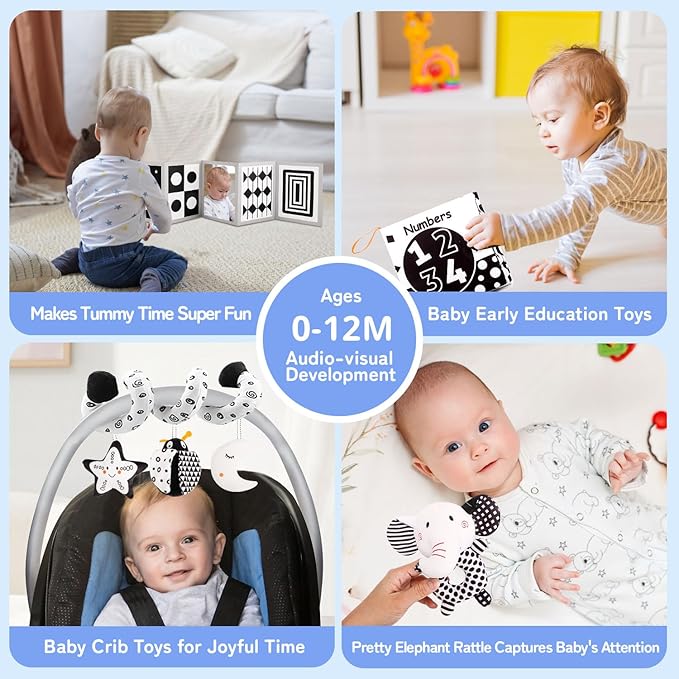 High Contrast Baby Toys for Newborn, Black and White Baby Sensory Toys for 0-6-12 Months Brain Development, Montessori Infant Toys for Baby Boy Girl Shower Gifts