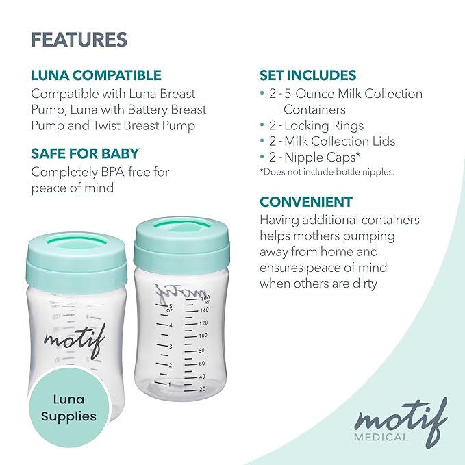 Motif Medical Breast Milk Storage Bottles for Luna Breast Pump - Durable Plastic Breastfeeding Essentials w/Locking Rings, Lids & Nipple Caps - Breast Milk Container (Set of 2, 160 ml)