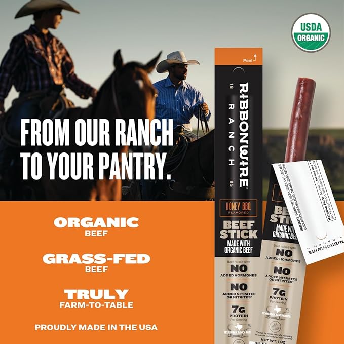 Ribbonwire Ranch Beef Sticks, Made with Organic Beef, Pasture Raised, High Protein Snack, Healthy, Low Carb, Keto Friendly, Gluten Free, Nitrate Free, On the Go, 1 Oz Sticks, Honey BBQ Flavor, 12 Pack