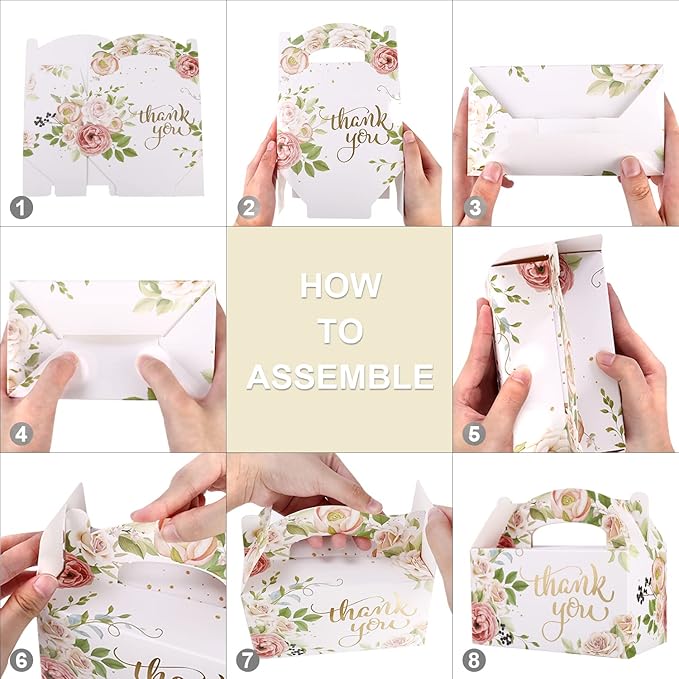 SOSFKIM Thank You Treat Boxes 12 Pack - Floral Party Favor Boxes Bulk Embossed Gold Foil - Goodie Gable Boxes for Baby Shower, Wedding, Birthday 6.3x3.5x3.5 Inch