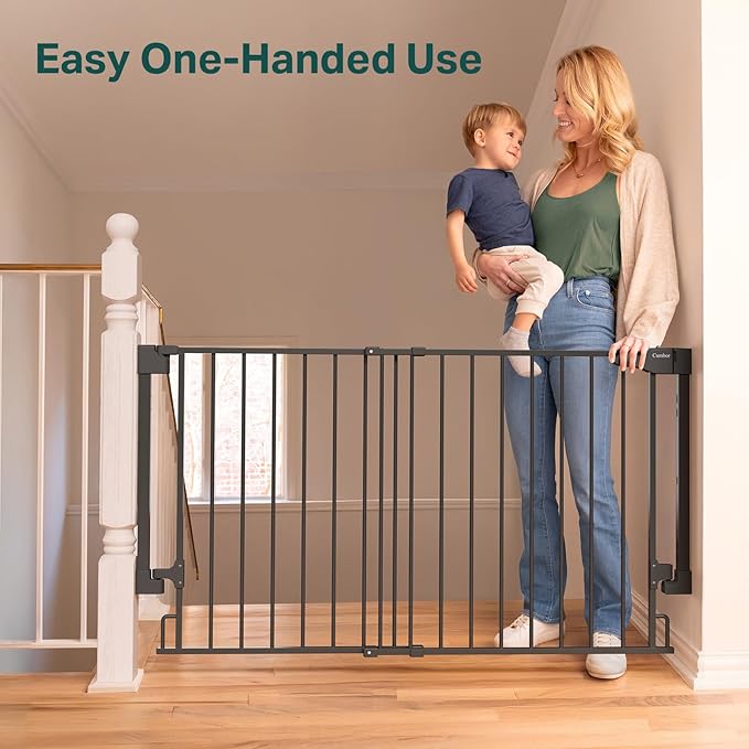 Cumbor Expandable 31.6-48" Baby Gate for Stairs, Wall-Mounted, 2-in-1 No Bottom Bar Dog Gate Indoor, Pet Gate for Doorways with Large Walk Thru Door, Child-Proof Safety Gate for Kids (Black)