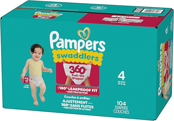 Pampers Diapers - Swaddlers 360° - Size 4, 104 Count, up to 100% Leakproof Comfy Dry Fit, Designed for Easy Changes, Pull On Baby Diaper (Packaging May Vary)