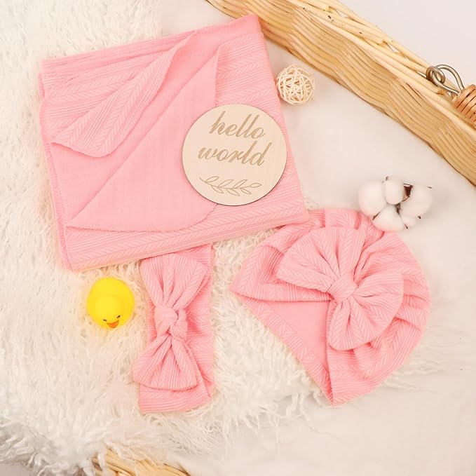 Newborn Receiving Blanket with Bow Hat Headband Wooden Card Set Wheat-Pattern Newborns Toddler Baby Boy Girl Nursery Swaddle Wrap